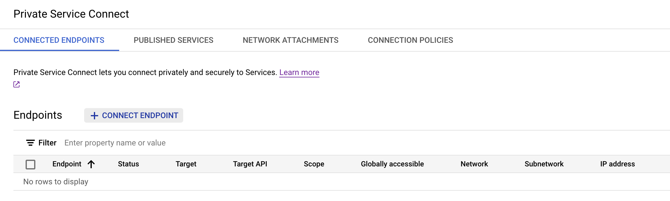 GCP console showing the endpoints, and the Connect endpoint button